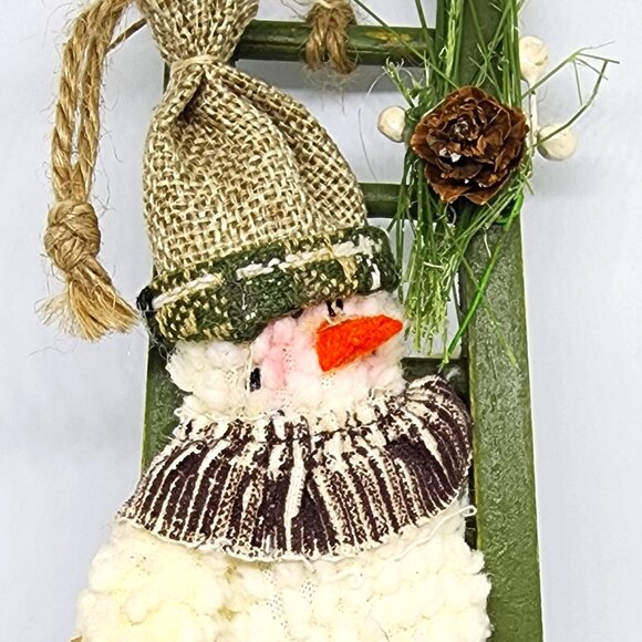 Plush Snowman Climb Green Ladder Cottage Farmhouse Christmas Holiday Ornament - Picture 4 of 10